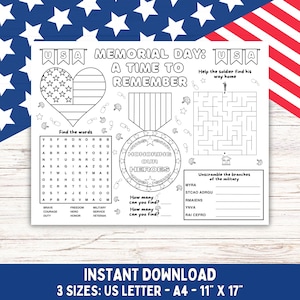 Memorial Day Printable Coloring Page & Activity Sheet, Memorial Day Placemat, Memorial Day Craft, Kids Coloring Page, Memorial Thank You