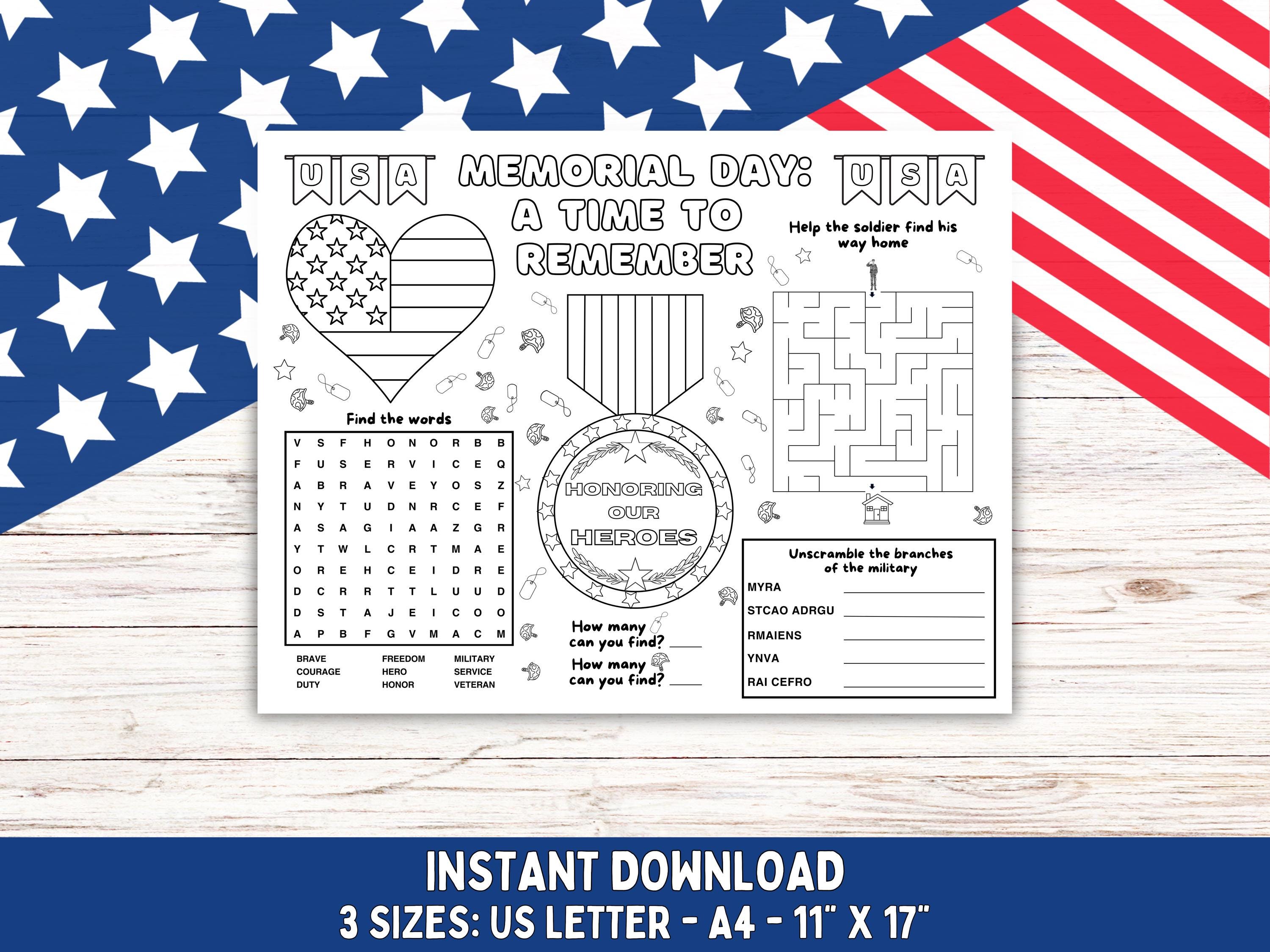 Memorial Day Printable Coloring Page & Activity Sheet, Memorial Day ...