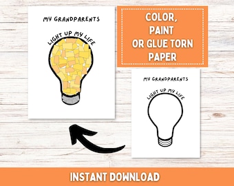 Könnte beinhalten: Zwei bedruckbare Karten mit dem Text "MY GRANDPARENTS LIGHT UP MY LIFE" und einer Glühbirnen-Grafik. Eine Glühbirne ist mit gelben und orangen Papierstücken gefüllt. Die andere ist eine Umrisszeichnung. Das Bild enthält auch den Text "COLOR, PAINT OR GLUE TORN PAPER" und "INSTANT DOWNLOAD".