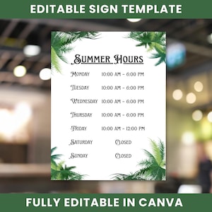 Plantilla editable para cartel de horario de verano, plantilla de Canva para horarios de tienda, cartel imprimible de horario comercial de verano