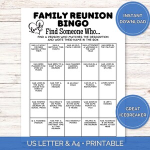 Family Reunion Bingo Printable Game, Human Bingo, Icebreaker Bingo, Get To Know You Game, Family Bingo, Find Someone Who Game