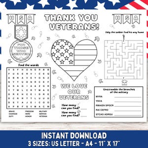 Veterans Day Printable Coloring Page & Activity Sheet, Veterans Day Printable, Veterans Day Craft, Kids Coloring Page, Veteran Thank You