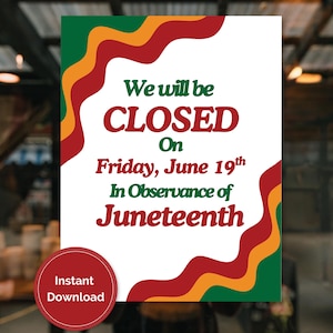 Señal de "Cerrado por Juneteenth 2026" (imprimible), señal de "Cerrado por Juneteenth", señal de "Cerrado el 19 de junio", señal de "Cerrado para negocios", señal de "Cerrado para imprimir"