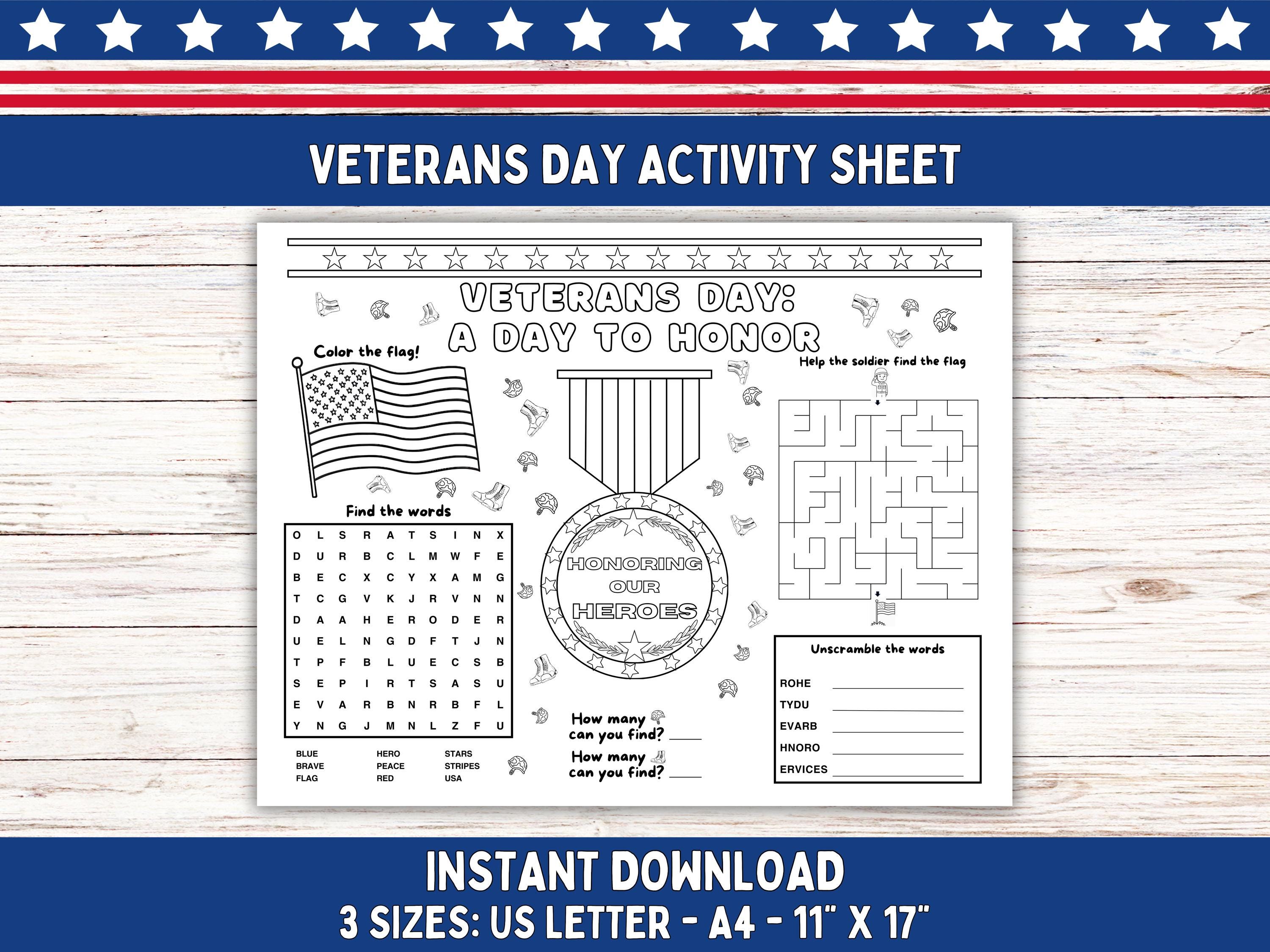 Veterans Day Printable Coloring Page & Activity Sheet, Veterans Day ...