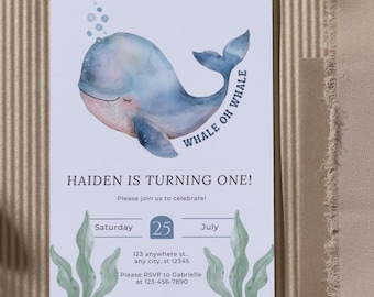 Whale First Birthday Invitation, Customizable Template (Digital Download)