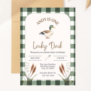 Bewerkbare verjaardagsuitnodiging één Lucky Duck, Mallard-verjaardagsuitnodiging, eerste verjaardag, aanpasbaar, Instant Download