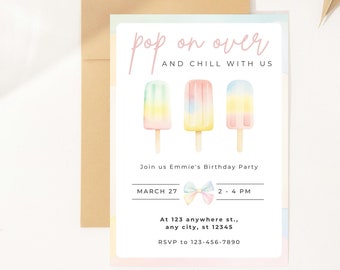 Puede incluir: Una invitación colorida con un tema de paletas de hielo. El texto dice "pop on over and chill with us". La invitación es para la fiesta de cumpleaños de Emmie el 27 de marzo de 2 a 4 PM. La dirección es 123 anywhere st., any city, st 12345. El número de RSVP es 123-456-7890.