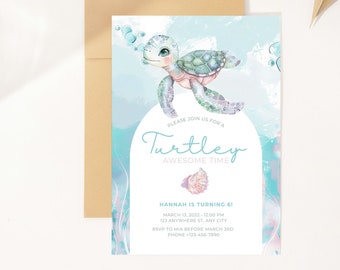May include: A blue and green watercolor illustration of a turtle with a shell, surrounded by bubbles. The text "Turtley Awesome Time" is written in a white circle with a pink and blue watercolor background. The text "Hannah is turning 6!" is written in black text with a white background. The text "March 13, 2022 - 12:00 PM" is written in black text with a white background. The text "123 Anywhere St, Any City" is written in black text with a white background. The text "RSVP to Mia before March 3rd" is written in black text with a white background. The text "Phone +123-456-7890" is written in black text with a white background.