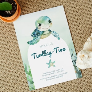 Bewerkbare Turtle-verjaardagsuitnodiging, Turtley Two, aanpasbaar, direct downloaden