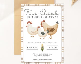 May include: A birthday party invitation with a watercolor illustration of three chickens. The text reads "This Chick is Turning Five!" with party details. The invitation is framed with a tan and white plaid pattern and includes the RSVP information.