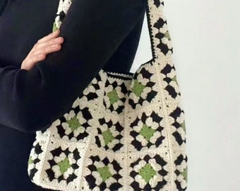 Handmade diy products crocheted granny square material bag knitted retro shoulder bag forest style hand bag