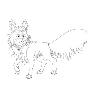 May include: Line art drawing of a fluffy cat with a collar and a tag. The cat is standing with its tail curled around its body.