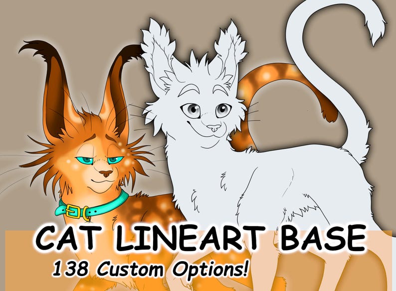 May include: Line art base for drawing cats, featuring two cats, one orange and white and the other white. The text "CAT LINEART BASE 138 Custom Options!" is at the bottom of the image.