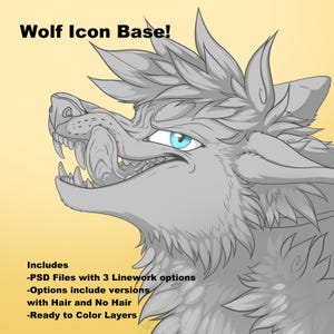 May include: A detailed, grayscale illustration of a wolf's head with sharp teeth and a detailed fur texture. The text "Wolf Icon Base!" is at the top. The image includes text about PSD files, linework options, and coloring layers.