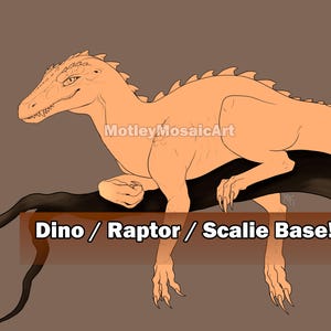 May include: A digital illustration of a light orange dinosaur, possibly a raptor, perched on a dark brown branch. The image includes the text "Dino / Raptor / Scalie Base!" and the artist's watermark, "MotleyMosaicArt".