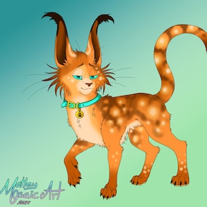 May include: A digital illustration of a cartoon orange tabby cat with a turquoise collar and a paw print tag. The cat has large ears and a spotted pattern.