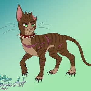 May include: A brown and tan tabby cat with green eyes and a spiked collar. The cat has several pink scars on its body. The cat is looking to the left of the image.