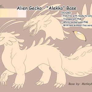 May include: A digital illustration of an Alien Gecko, labeled "Alekko" Base. The image includes a full body view, a headshot, and eye and fin variations. Text indicates the file includes PSD, transparent PNG, and white background PNG versions.