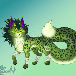 May include: A green and white furry creature with a leopard print pattern. The creature has purple and yellow markings on its head and is wearing bandages on its legs. The creature is standing on a light green background.