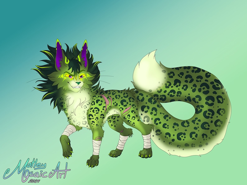 May include: A green and white furry creature with a leopard print pattern. The creature has purple and yellow markings on its head and is wearing bandages on its legs. The creature is standing on a light green background.