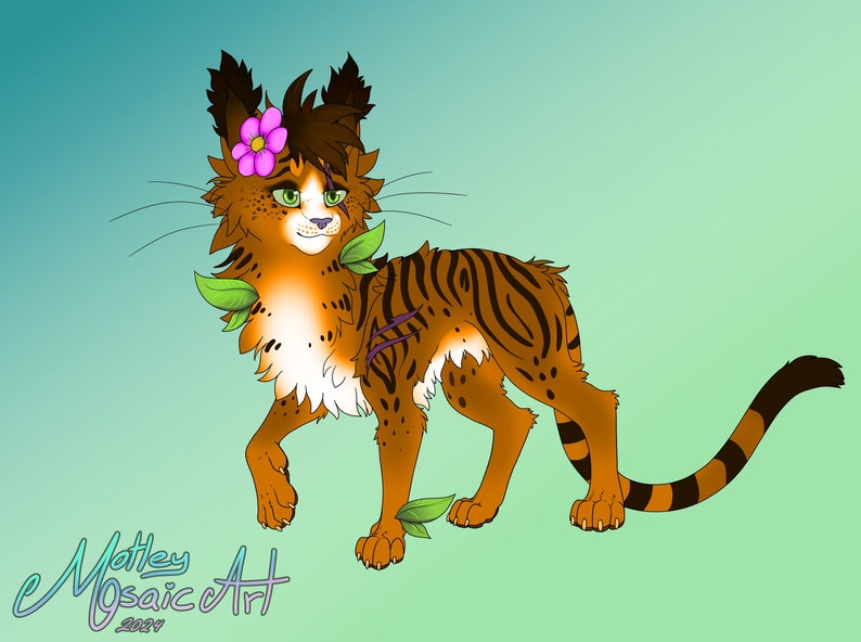 May include: A digital illustration of a cartoon orange and black striped cat with green eyes and a pink flower in its fur. The cat has a white chest and paws and is surrounded by green leaves.