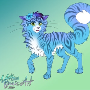 May include: A blue and white striped cat with a blue flower in its fur. The cat has green eyes and a pink nose. The cat is standing on a green background.