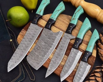 5Pcs Hand Forged Damascus Steel Chef Set, Damascus Knife Set, Damascus Chef's Knife Set, Damascus Kitchen Knife Set, Christmas Gifts.