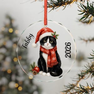 May include: A round, clear glass Christmas ornament featuring a black and white cat wearing a red Santa hat and a red scarf with white snowflake patterns. The text Tabby and 2026 are printed on the ornament, which hangs from a red ribbon.
