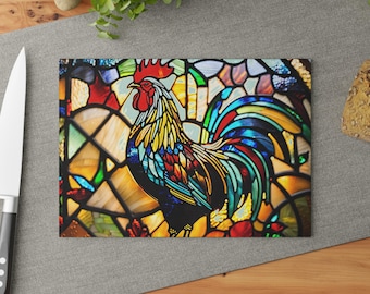 Tabla de cortar de gallo con vitral: decoración de cocina rústica