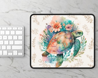 Watercolor Turtle Mouse Pad: Coastal Desk Decor, Non-Slip Gaming Mat