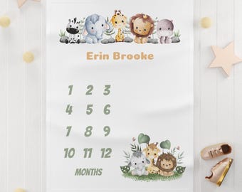 Personalisierte Meilenstein-Babydecke: Safaritiere Fleece