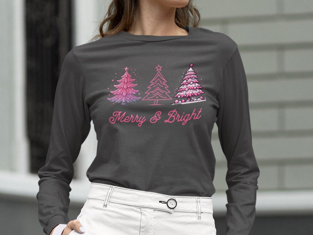 Merry And Bright Christmas Tree Long Sleeve Tee Pink Merry And Bright Christmas Long Sleeve Shirt Merry And Bright Long Sleeve Shirt Iconictees