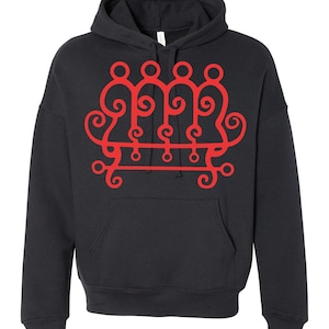 May include: Black hooded sweatshirt with a red, stylized graphic on the front. The graphic is an intricate design featuring interconnected shapes and swirls. The sweatshirt has a front pocket and a drawstring hood.