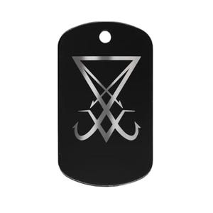 May include: Black dog tag pendant with a silver-colored inverted triangle and cross design. The pendant has a hole at the top for a chain. The design is a symbol associated with Lucifer.