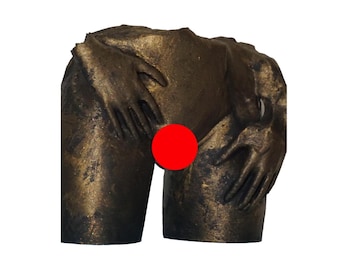 May include: Bronze-colored sculpture depicting a torso with hands embracing the body. The sculpture has a rough texture and is set against a white background. A red circle is placed on the sculpture.