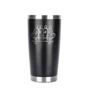 May include: Black insulated tumbler with a silver rim and base. The tumbler features a decorative silver design of stylized figures. The tumbler is designed to keep beverages cold or hot.