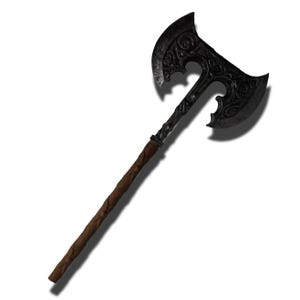 May include: A double-bitted battle axe featuring a dark, weathered metallic head with intricate embossed scrollwork patterns. The handle is brown with a textured, twisted design that mimics the appearance of gnarled wood or wrapped leather.