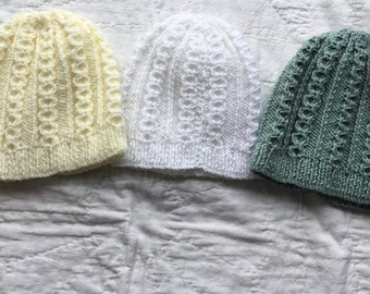 Hand Knitted Beanie Hats to fit 0 to 6 Months