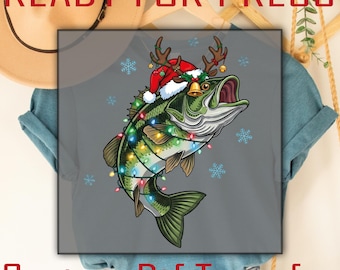 Funny Christmas Fish DTF Transfer, Santa Bass Fishing Design, Holiday Lights Fisherman Gift Print