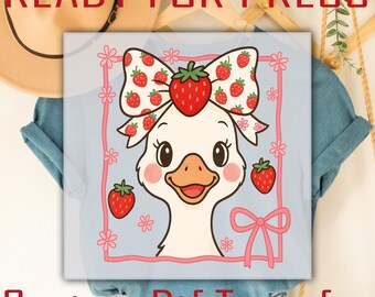 Strawberry Duck Bow DTF Transfer, Girly Retro Iron On, Ready to Press Heat Transfer