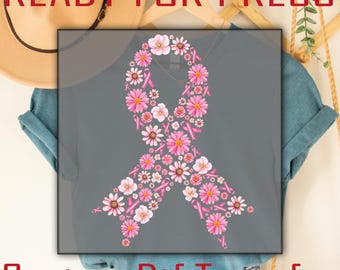 May include: A gray t-shirt featuring a large awareness ribbon graphic composed of various pink flowers and small pink ribbons. The design is centered on the chest. The text READY FOR PRESS and Custom Dtf TRANSFER is visible at the top and bottom.