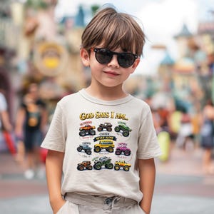 Transferencia "Dios dice que soy Monster Jam DTF", camiseta cristiana para niño pequeño lista para planchar, plancha para niño pequeño religioso imagen 2