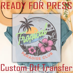 Retro Tropical Paradise Club Dtf Transfer, Summer Beach Iron On, Palm Tree Vintage Sunset Heat Press, Distressed Vacation Ready to Press