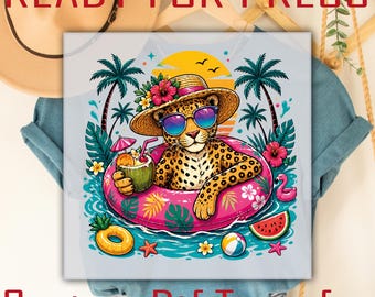 Transferencia para fiesta en la piscina con leopardo tropical, diseño de transferencia térmica para crucero de verano, lista para planchar en vacaciones en la playa.