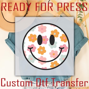 Floral Smiley Face DTF Transfer: Happy Daisy Heat Transfer, Ready To Press