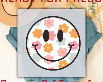 Floral Smiley Face DTF Transfer: Happy Daisy Heat Transfer, Ready To Press