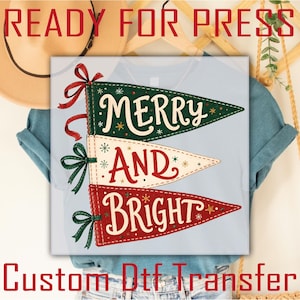 Merry and Bright Christmas Dtf Transfer, Vintage Christmas Pennant Flag Ready to Press