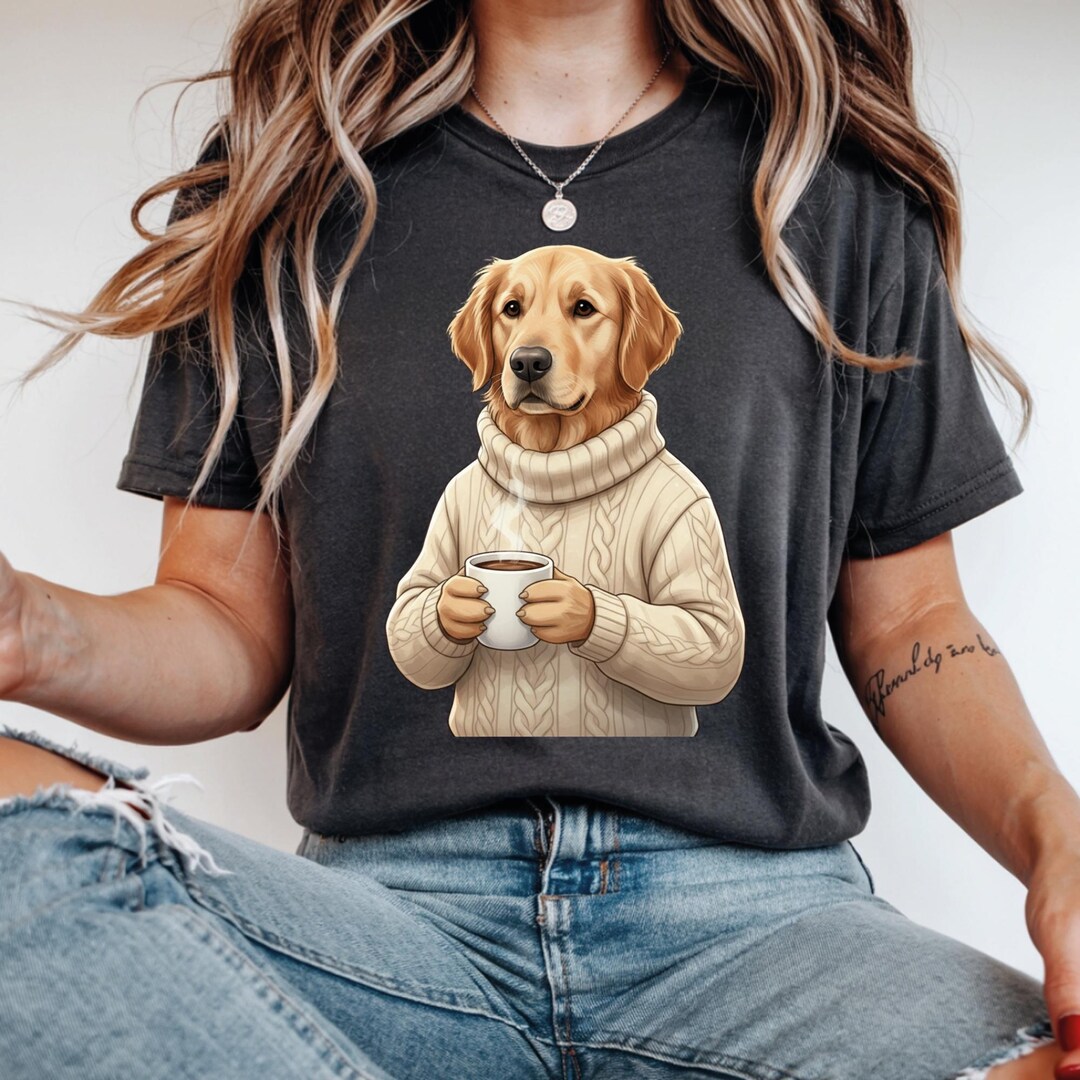 Golden Retriever DTF Transfer, Dog in Sweater With Coffee Heat Transfer ...