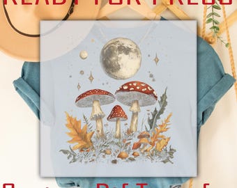 Boho Lunar Moon Mushroom DTF Transfer: Forest Graphics, Retro Cottagecore