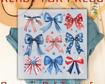 May include: A digital download of 10 watercolor-style red, white, and blue bow designs with stars. The bows are perfect for creating patriotic crafts, apparel, and home decor.